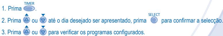 1. Prima TIMER 2. Prima ou até o dia desejado ser apresentado, prima SELECT para confirmar a seleção. 3. Prima ou para verificar os programas configurados.