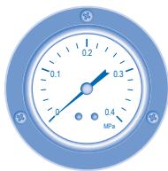Front view of a pressure gauge with MPa scale and adjustment knobs (no text or symbols beyond measurement labels)