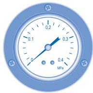 Blue industrial pressure gauge with scale markings (0.1, 0.2, 0.3, 0.4 MPa) and adjustment knobs (no text or symbols beyond measurement indicators)