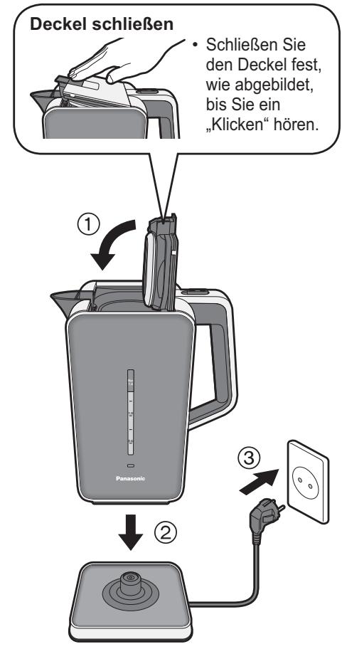 PANASONIC NC-ZK1 - Schlieben Sie den Deckel, stellen Sie den Wasserkocher auf die Basisstation und stecken Sie den Netzstecker ein. - 1