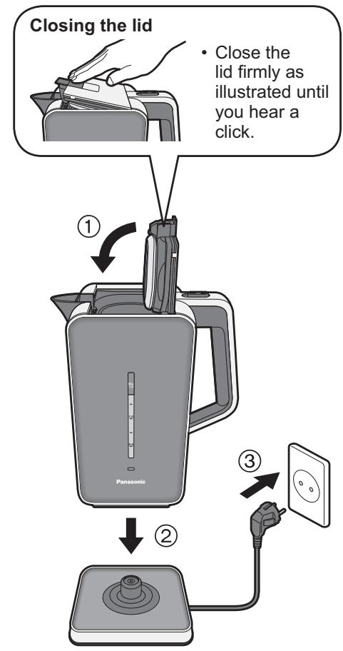 PANASONIC NC-ZK1 - Close the lid, put the kettle on the power base and insert the mains plug. - 1