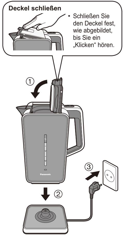 PANASONIC NC-DK1WXE - Schlieben Sie den Deckel, stellen Sie den Wasserkocher auf die Basisstation und stecken Sie den Netzstecker ein. - 1