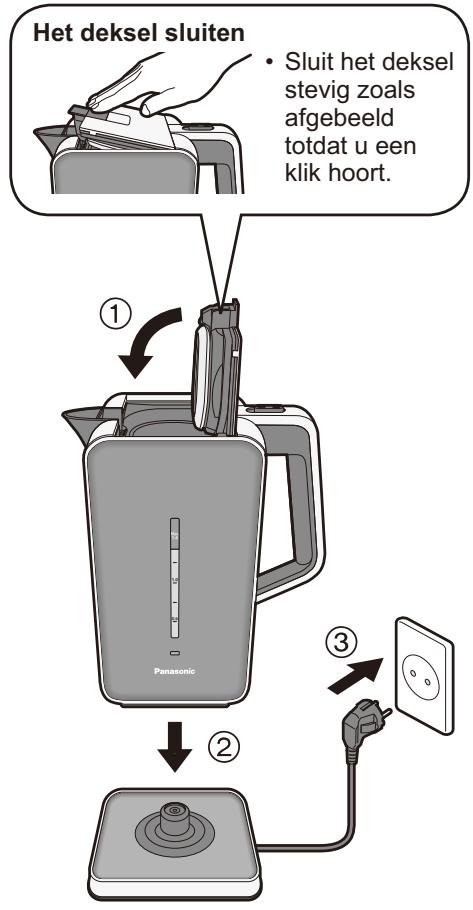 PANASONIC NC-DK1WXE - Sluit het deksel, zet de waterkoker op de stroombasis en steek de stekker in het stopcontact. - 1