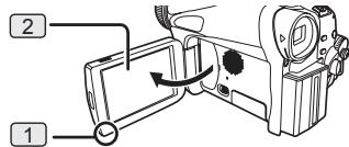PANASONIC PVGS31 - Place your Thumb on the [OPEN▼] Knob 1 and pull the LCD Monitor 2 out in the direction of the arrow. - 1