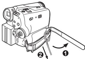 PANASONIC PVGS35 - Undo Grip Belt end ① and pull Lens Cap Cord ② downward to loosen Grip Belt. - 1