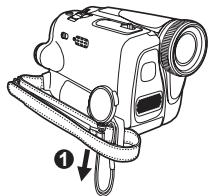 PANASONIC PVGS35 - Pass one end of the Lens Cap Cord through the attached eye on the Lens Cap. Then pass the Lens Cap through the loop made by itself and pull tight. - 2