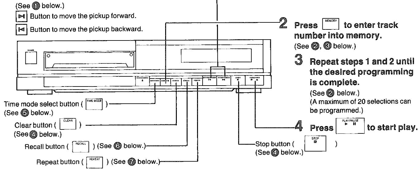 (See ① below.) Button to move the pickup forward. Button to move the pickup backward. Time mode select button ( TIME MODE ) (See ⑤ below.) Clear button ( CLEAR ) (See ④ below.) Recall button ( RECALL ) (See ⑥ below.) Repeat button ( REPEAT ) (See ⑦ below.) 2 Press MEMORY to enter track number into memory. (See ②, ③ below.) 3 Repeat steps 1 and 2 until the desired programming is complete. (See ② below.) (A maximum of 20 selections can be programmed.) 4 Press PLAY/PAUSE to start play. Stop button ( See ④ below. ) STOP