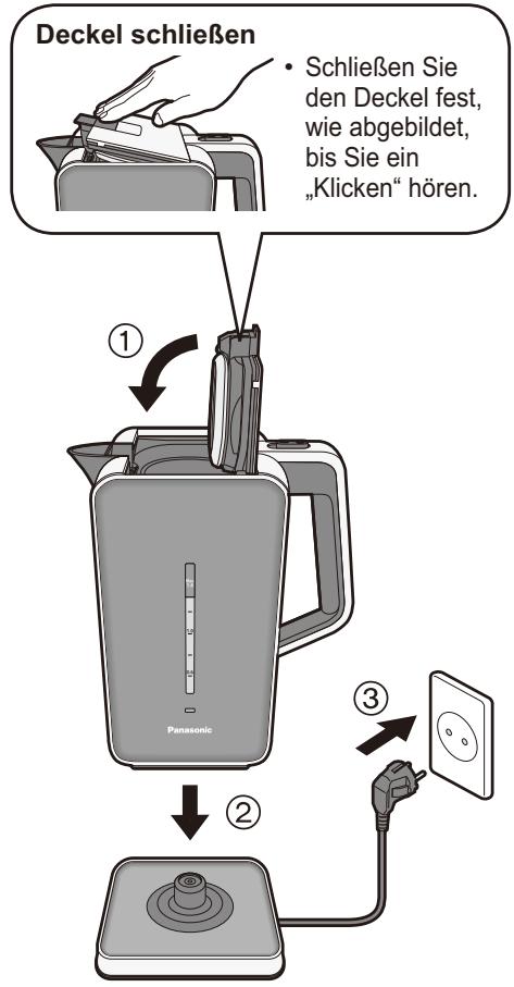 PANASONIC NC-DK1WXC - Schließen Sie den Deckel, stellen Sie den Wasserkocher auf die Basisstation und stecken Sie den Netzstecker ein. - 1