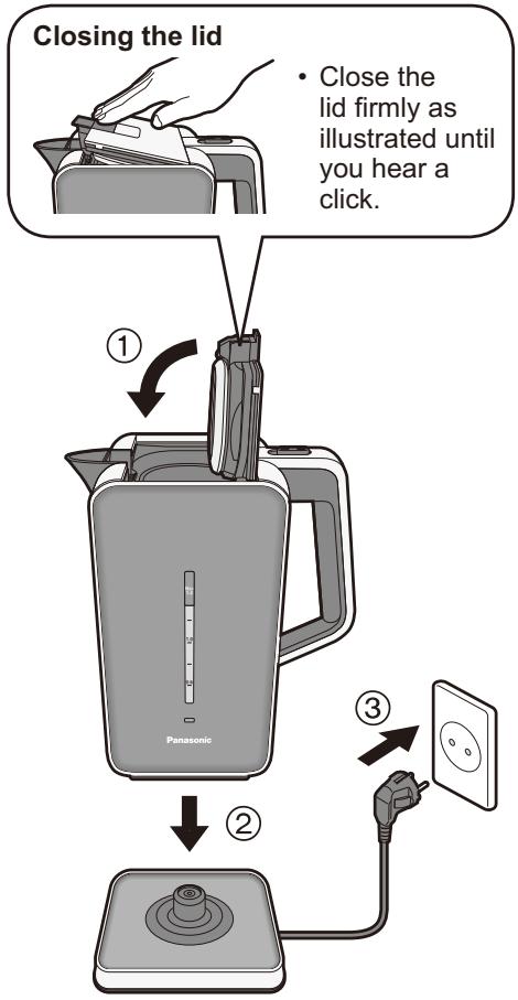 PANASONIC NC-DK1WXC - Close the lid, put the kettle on the power base and insert the mains plug. - 1