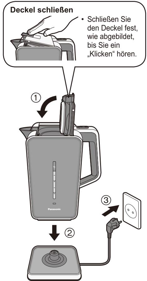 PANASONIC NC-DK1WXE - Schlieben Sie den Deckel, stellen Sie den Wasserkocher auf die Basisstation und stecken Sie den Netzstecker ein. - 1