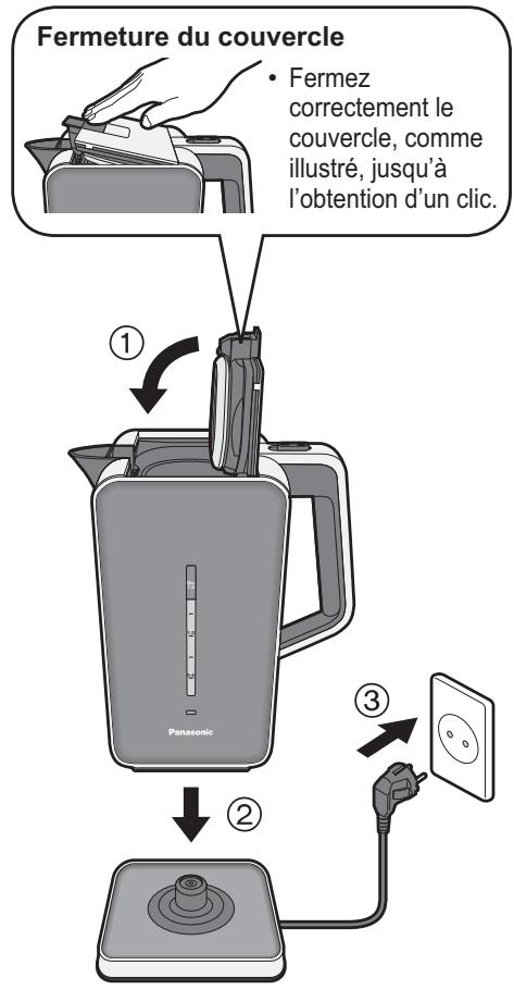 Fermeture du couvercle • Fermez correctement le couvercle, comme illustré, jusqu'à l'obtention d'un clic. ① Panasonic ② ③