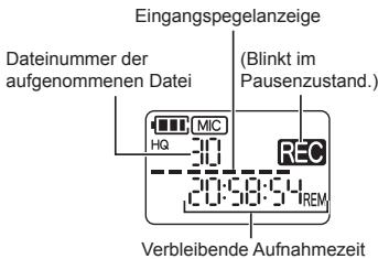Eingangspegelanzeige Dateinummer der aufgenommenen Datei (Blinkt im Pausenzustand.) MIC HQ 30 REC 30:50:54 REM Verbleibende Aufnahmezeit