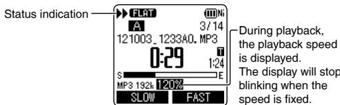 Status indication FLAT A 3/14 121003_1233A0. MP3 0:29 1:24 S E MP3 192% 120% SLOW FAST During playback, the playback speed is displayed. The display will stop blinking when the speed is fixed.