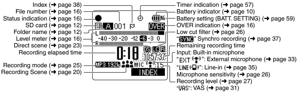Index (→ page 38) File number (→ page 16) Status indication (→ page 16) SD card (→ page 12) Folder name (→ page 12) Level meter (→ page 16) Direct scene (→ page 23) Recording elapsed time Recording mode (→ page 25) Recording Scene (→ page 20) Timer indication (→ page 57) Battery indicator (→ page 10) Battery setting (BATT. SETTING) (→ page 59) OVER indication (→ page 16) Low cut filter (→ page 26) "SYNC" Synchro recording (→ page 37) Remaining recording time Input: Built-in microphone "EXT": External microphone (→ page 33) "LINE": Line-in (→ page 35) Microphone sensitivity (→ page 26) Recording level (→ page 27) "VAS": VAS (→ page 31)