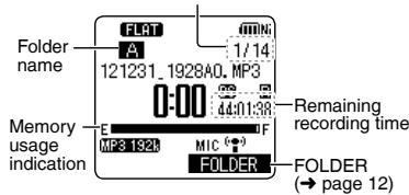 Folder name FLST A 121231_1928A0_MP3 1/14 Memory usage indication E MP3 1921 F0 M1C FOLDER Remaining recording time FOLDER (→ page 12)