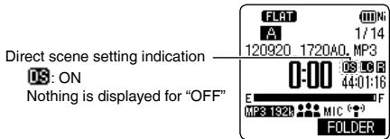 Direct scene setting indication DS: ON Nothing is displayed for "OFF" FLAT A 120920 1720A0. MP3 0:00 DCR 44:01:16 E MP3 1928 MIC FOLDER