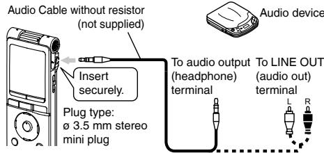 Audio Cable without resistor (not supplied) Insert securely. Plug type: ø 3.5 mm stereo mini plug To audio output (headphone) terminal To LINE OUT (audio out) terminal Audio device