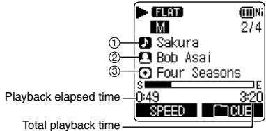 FLAT M 2/4 ① Sakura ② Bob Asai ③ Four Seasons S E Playback elapsed time 0:49 3:20 SPEED CUE Total playback time