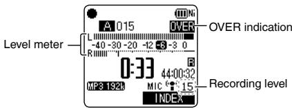 Level meter A 015 -40 -30 -20 -12 53 -3 0 R MP3 192k MIC 15 INDEX OVER indication Recording level