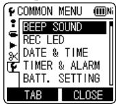 COMMON MENU BEEP SOUND REC LED DATE & TIME TIMER & ALARM BATT. SETTING TAB CLOSE
