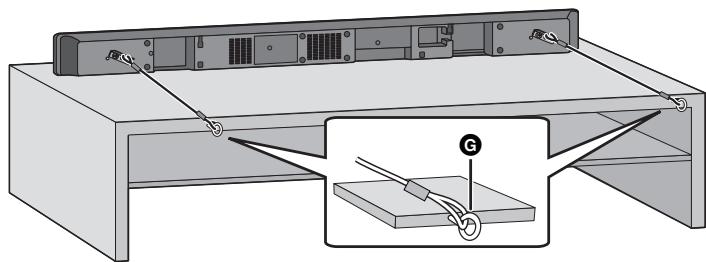 PANASONIC SC-HTB520 - Placez l'appareil dans la position désirée et fixez chaque cordelette au meuble ou à la table. - 1