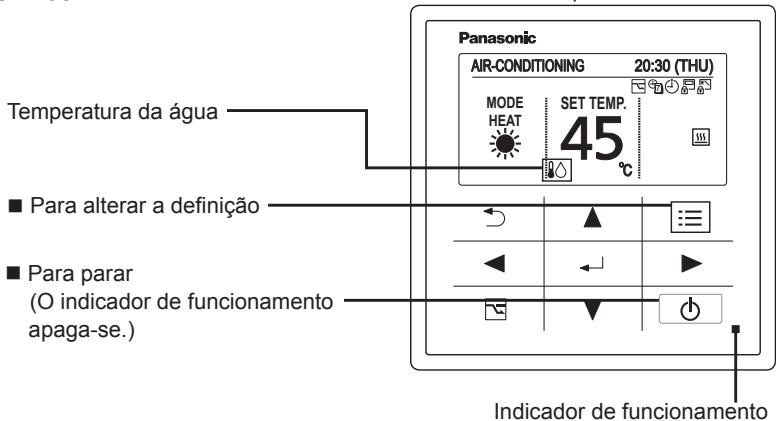 Panasonic AIR-CONDITIONING 20:30 (THU) MODE HEAT SET TEMP. 45 °C Temperatura da água ■ Para alterar a definição ■ Para parar (O indicador de funcionamento apaga-se.) Indicador de funcionamento