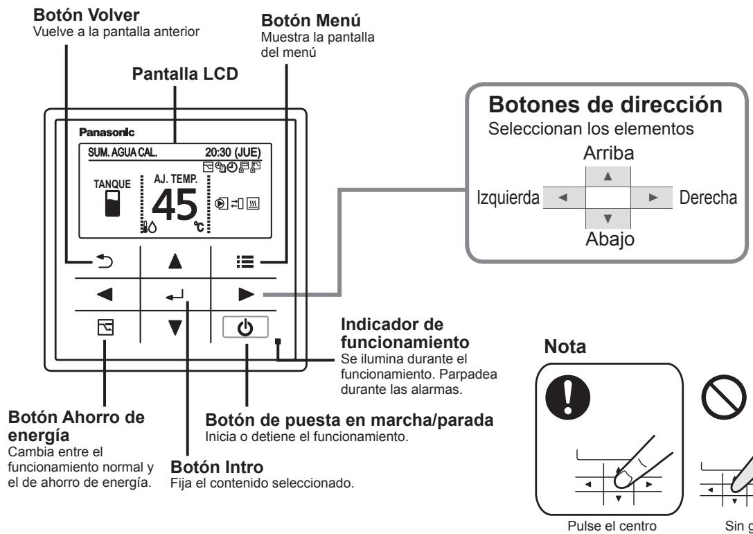 Botón Volver Vuelve a la pantalla anterior Botón Menú Muestra la pantalla del menú Pantalla LCD Panasonic SUM. AGUA CAL. 20:30 (JUE) TANQUE AJ. TEMP. 45 °C Botón Ahorro de energía Cambia entre el funcionamiento normal y el de ahorro de energía. Botón Intro Fija el contenido seleccionado. Botón de puesta en marcha/parada Inicia o detiene el funcionamiento. Indicador de funcionamiento Se ilumina durante el funcionamiento. Parpadea durante las alarmas. Botón de dirección Seleccionan los elementos Arriba Izquierda Derecha Abajo Nota Pulse el centro Sin g