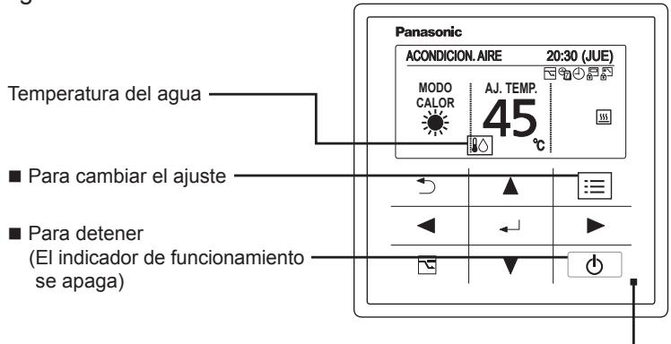 Panasonic ACONDICION. AIRE 20:30 (JUE) MODO CALOR AJ. TEMP. 45 °C Temperatura del agua ■ Para cambiar el ajuste ■ Para detener (El indicador de funcionamiento se apaga)