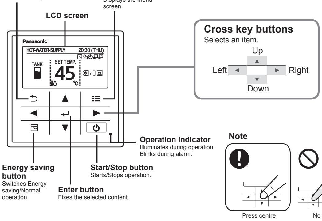 LCD screen Panasonic HOT-WATER-SUPPLY 20:30 (THU) TANK SET TEMP. 45 °C Cross key buttons Selects an item. Up Left Right Down Energy saving button Switches Energy saving/Normal operation. Enter button Start/Stop button Starts/Stops operation. Operation indicator Illuminates during operation. Blinks during alarm. Enter button Fixes the selected content. Note Press centre No