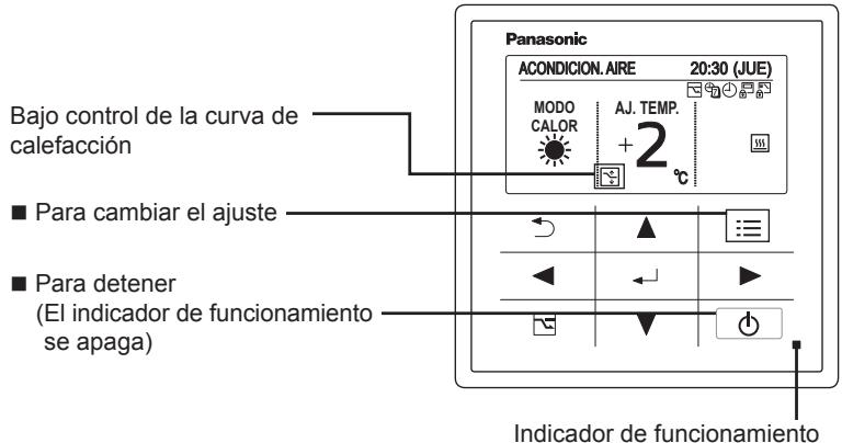 Panasonic ACONDICION. AIRE 20:30 (JUE) MODO CALOR AJ. TEMP. + 2 °C Bajo control de la curva de calefacción ■ Para cambiar el ajuste ■ Para detener (El indicador de funcionamiento se apaga) Indicador de funcionamiento