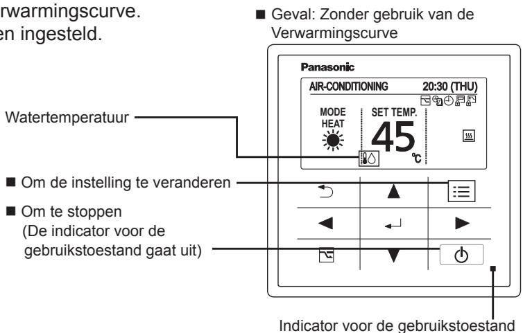 Verwarmingscurve. en ingesteld. ■ Geval: Zonder gebruik van de Verwarmingscurve Panasonic AIR-CONDITIONING 20:30 (THU) MODE HEAT SET TEMP. 45 °C Watertemperatuur ■ Om de instelling te veranderen ■ Om te stoppen (De indicator voor de gebruikstoestand gaat uit) Indicator voor de gebruikstoestand