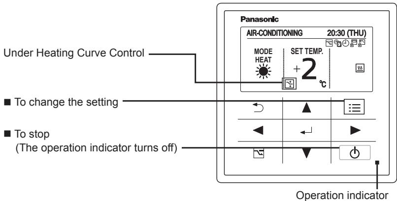 Panasonic AIR-CONDITIONING 20:30 (THU) MODE HEAT SET TEMP. +2 °C Under Heating Curve Control ■ To change the setting ■ To stop (The operation indicator turns off) Operation indicator