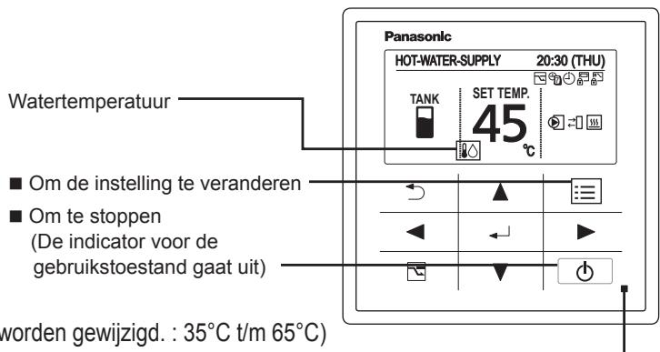 Panasonic HOT-WATER-SUPPLY 20:30 (THU) TANK SET TEMP. 45 °C Watertemperatuur ■ Om de instelling te veranderen ■ Om te stoppen (De indicator voor de gebruikstoestand gaat uit) worden gewijzigd. : 35°C t/m 65°C)