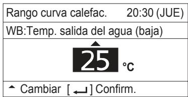 Rango curva calefac. 20:30 (JUE) WB:Temp. salida del agua (baja) 25 °C ^ Cambiar [ ← ] Confirm.