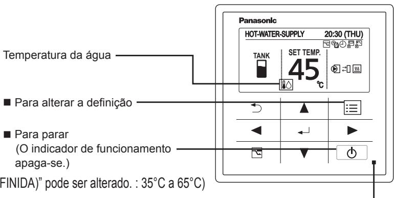 Panasonic HOT-WATER-SUPPLY 20:30 (THU) TANK SET TEMP. 45 °C Temperatura da água ■ Para alterar a definição ■ Para parar (O indicador de funcionamento apaga-se.) (FINIDA)" pode ser alterado. : 35°C a 65°C)