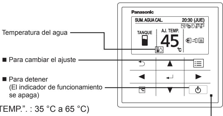 Panasonic SUM. AGUA CAL. 20:30 (JUE) TANQUE AJ. TEMP. 45 °C Temperatura del agua ■ Para cambiar el ajuste ■ Para detener (El indicador de funcionamiento se apaga) TEMP." : 35 °C a 65 °C)