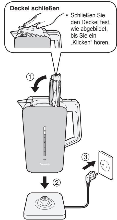 PANASONIC NCDK1CXC - Schlieben Sie den Deckel, stellen Sie den Wasserkocher auf die Basisstation und stecken Sie den Netzstecker ein. - 1