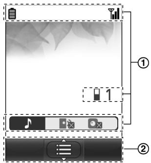 Screenshot of a mobile device interface showing status bar, navigation icons, and control buttons with labeled labels ① and ②.