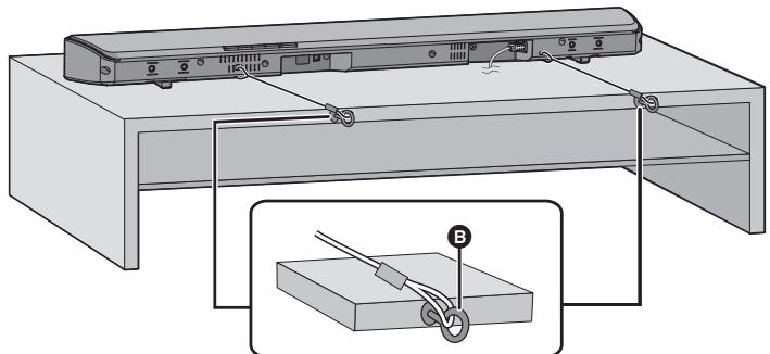 PANASONIC SC-HTB488EG - Placez l'appareil principal dans la position désirée et fixez chaque cordelette au meuble ou à la table. - 1