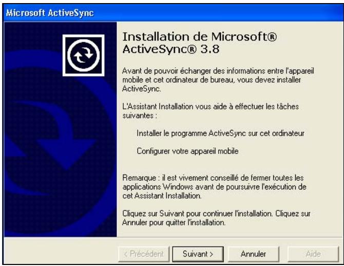 HP IPAQ HW6515 - Lorsque la fenêtre Installation de Microsoft ActiveSync s'affiche, cliquez sur Suivant. - 1