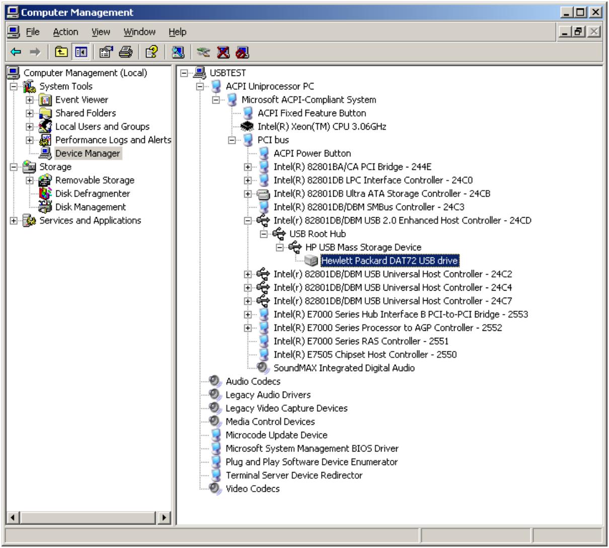 Computer Management File Action View Window Help Computer Management (Local) System Tools Event Viewer Shared Folders Local Users and Groups Performance Logs and Alerts Device Manager Storage Removable Storage Disk Defragmenter Disk Management Services and Applications USBTEST ACPI Uniprocessor PC M…