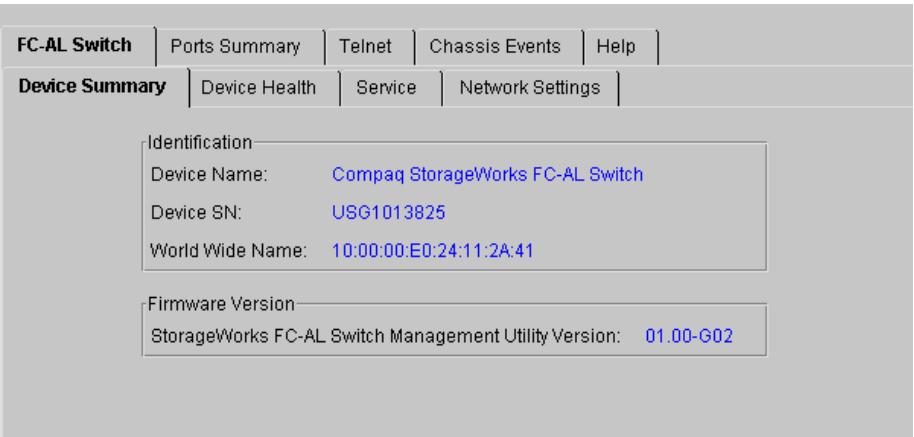 HP STORAGEWORKS FIBRE CHANNEL SWITCHES - Onglet Device Summary (Récapitulatif du périphérique) - 1