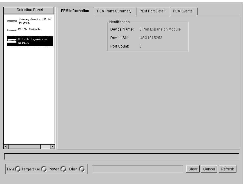 HP STORAGEWORKS FIBRE CHANNEL SWITCHES - Sélection de la vue du module d'extension à 3 ports (PEM) du commutateur FC-AL - 1