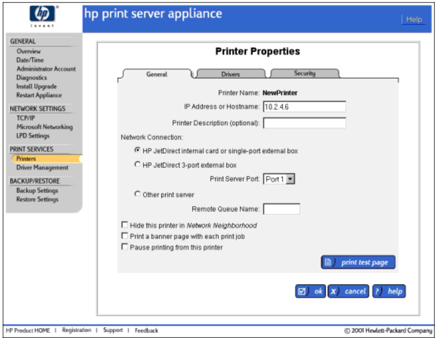 HP PRINT SERVER APPLIANCES - Propriétés d'imprimante - 1