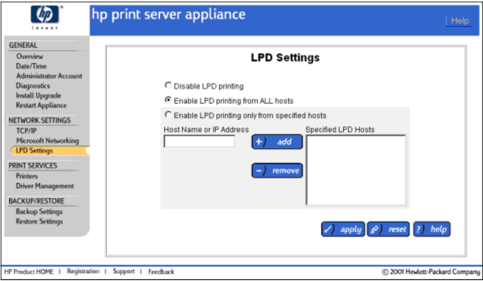 HP PRINT SERVER APPLIANCES - LPD Settings - 1