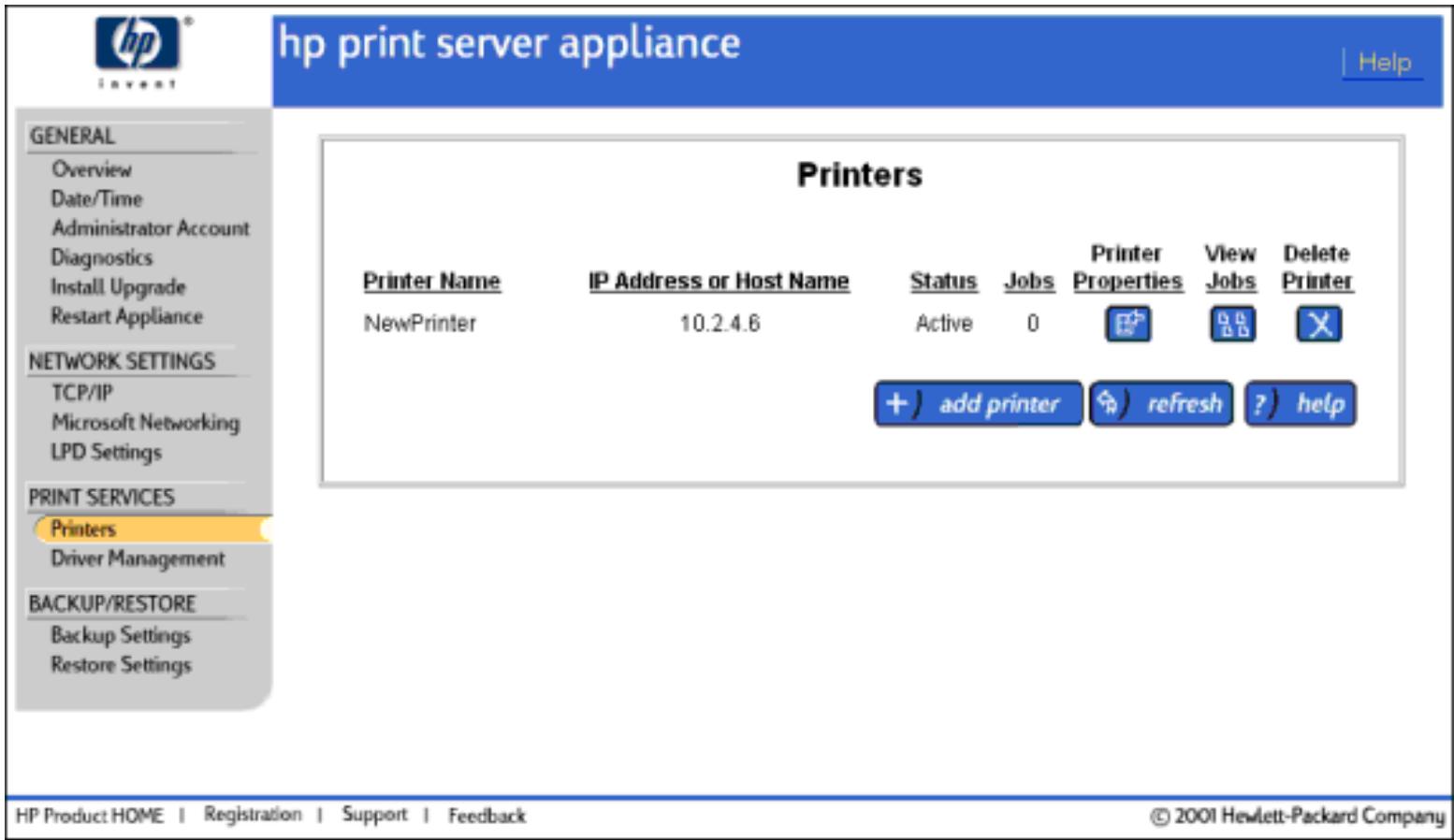 HP PRINT SERVER APPLIANCES - Etape 1 : Création d'une imprimante sur le dispositif de serveur d'impression - 1