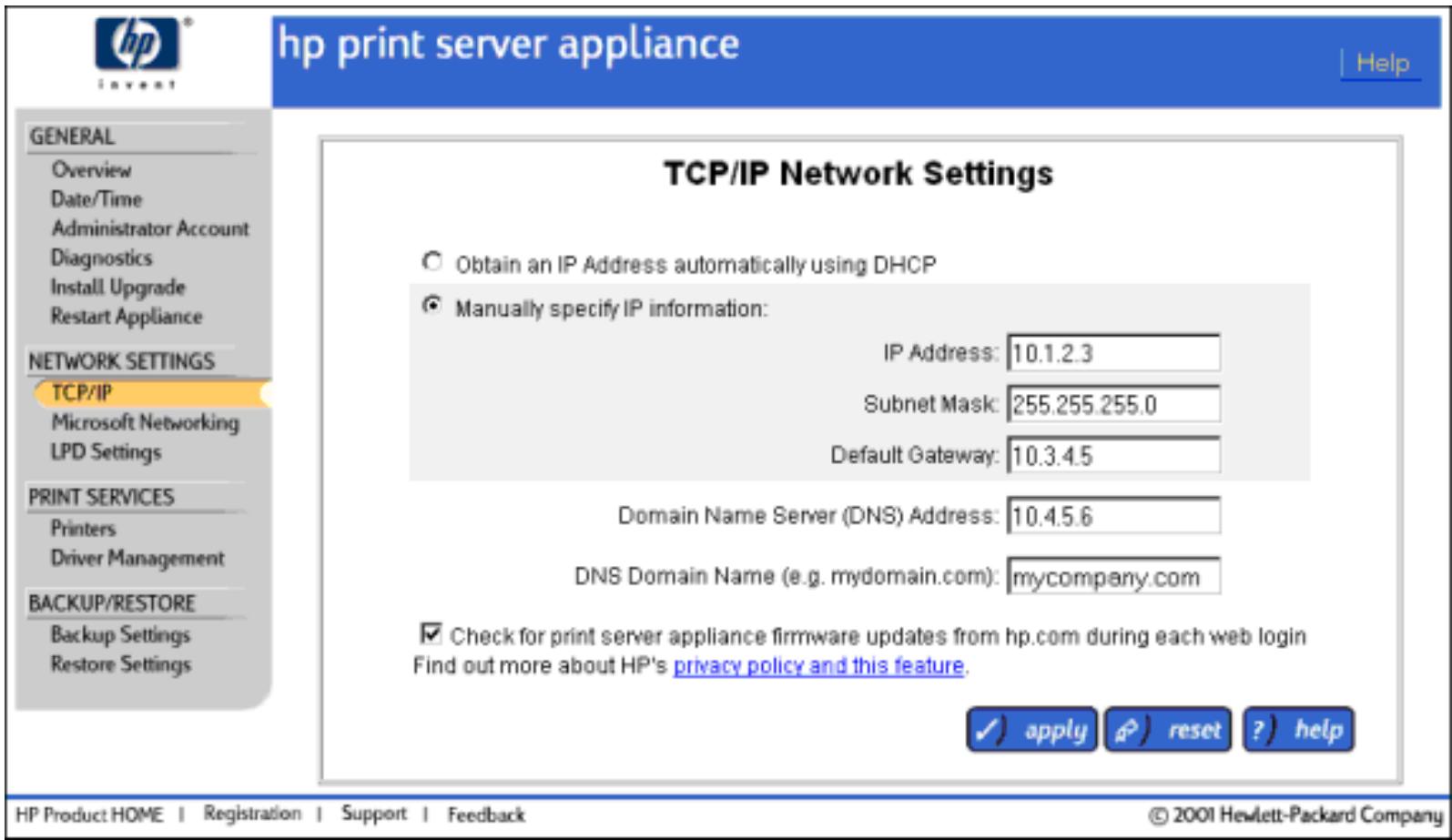 HP PRINT SERVER APPLIANCES - Paramètres de réseau TCP/IP - 1
