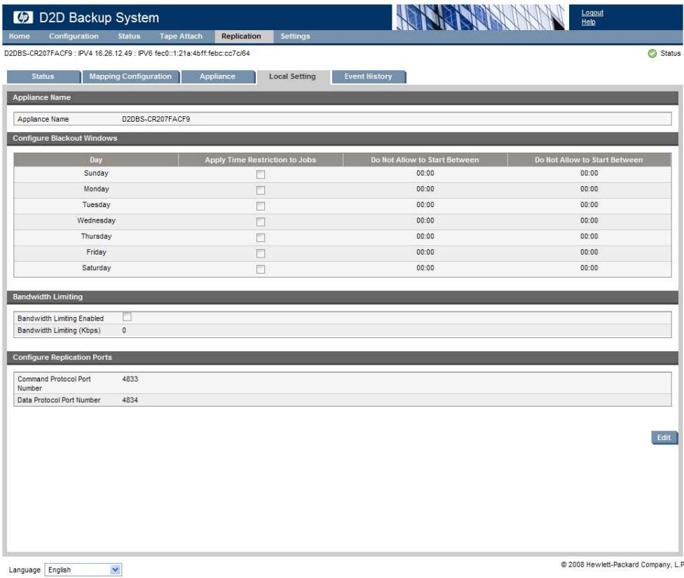 HP STORAGEWORKS D2D2500 BACKUP SYSTEM - Paramètres locaux (Réplication) - 1
