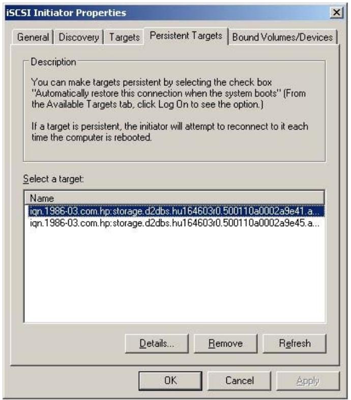 HP STORAGEWORKS D2D2500 BACKUP SYSTEM - Onglet Persistent Targets - 1