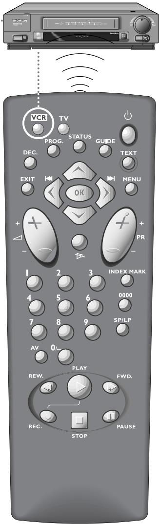 VCR TV PROG. STATUS GUIDE DEC. EXIT OK MENU + - PR INDEX MARK 1 2 3 4 5 6 7 8 9 AV 0/- REW. PLAY FWD. REC. STOP PAUSE